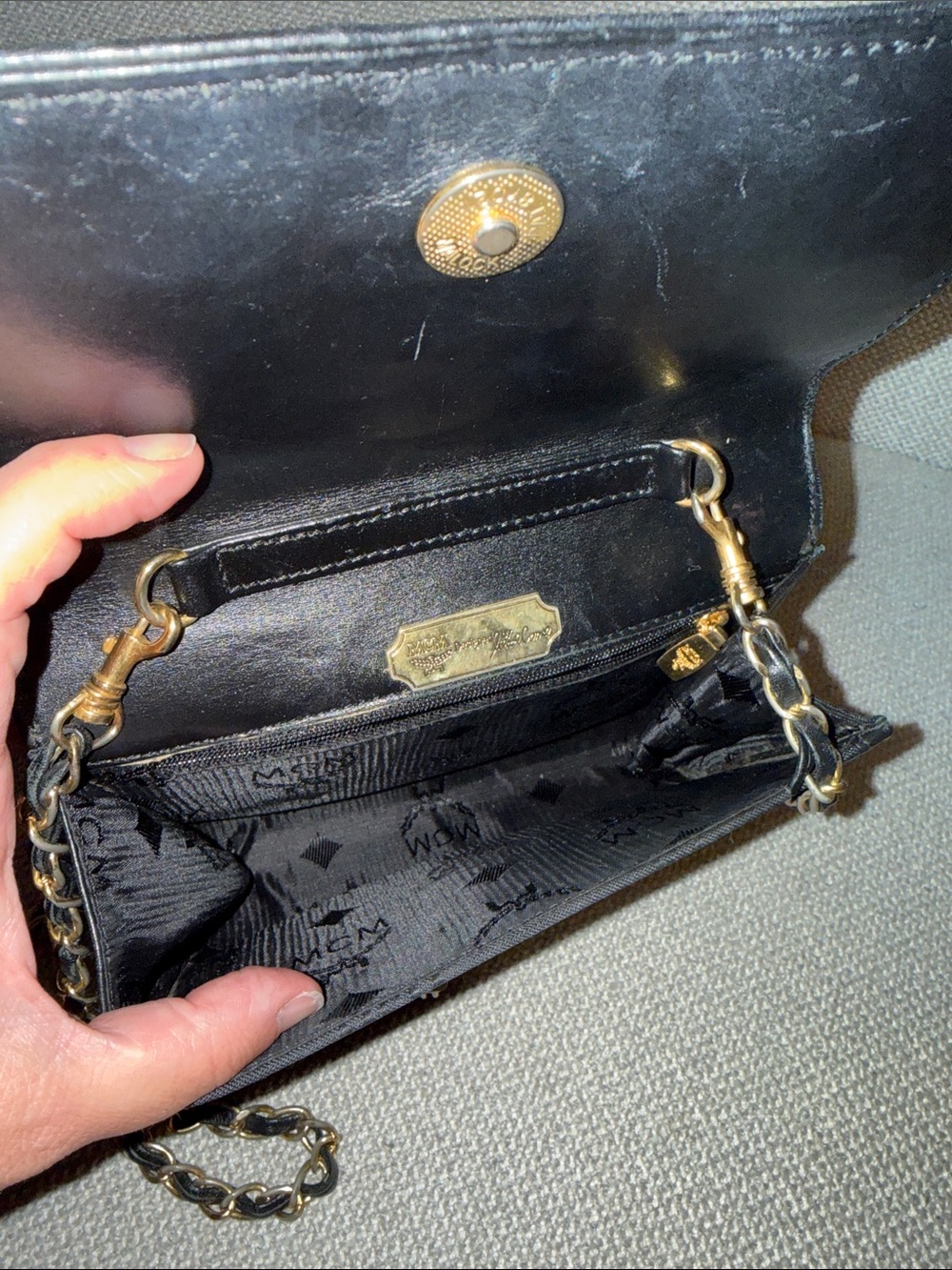 MCM Black Monogram Chain Shoulder Bag Clutch with Gold Plate - Picture 9 of 12